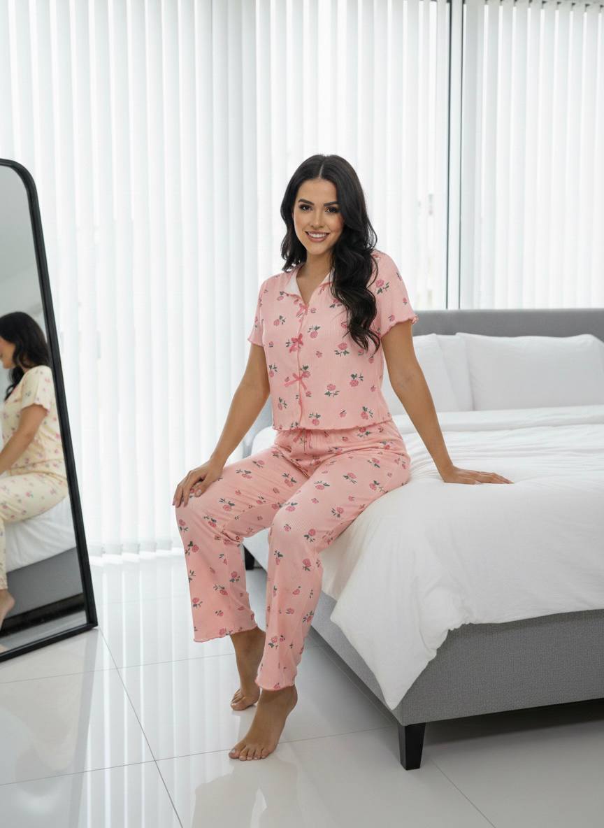 Short Sleeve Floral Pajama-Pink